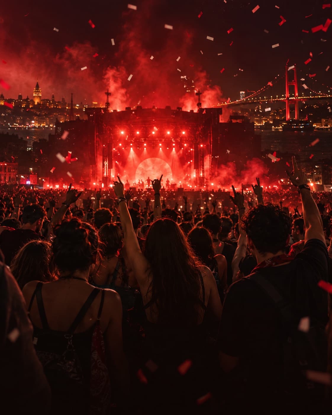 Kırmızı sahne ışıkları altında festival kalabalığı