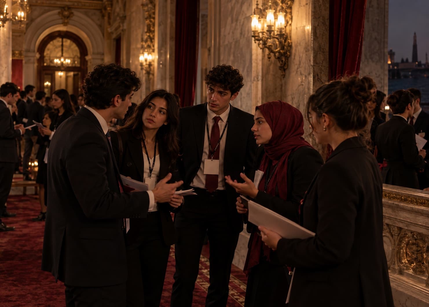 Tarihi bir salonda küçük gruplar halinde müzakere eden genç delegeler